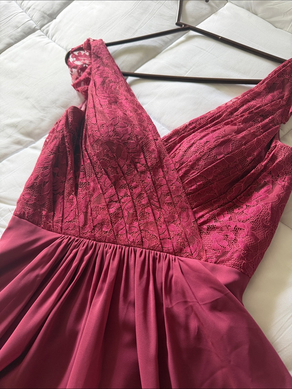 JJs House Burgundy V-Neck Lace Bodice A-Line Wedding Dress - Picture 4 of 7